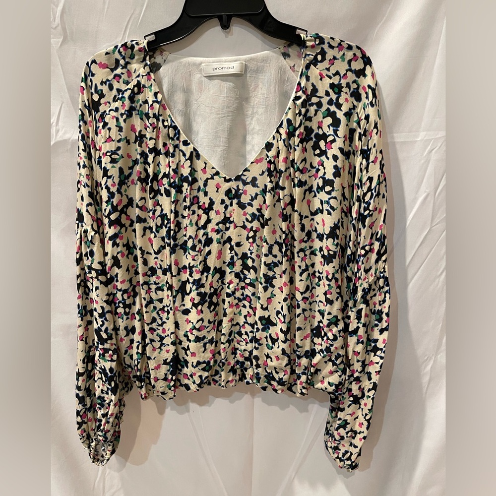 Promod  Long Sleeves Floral Print V Neck Elastic Hem Shirt Blouse